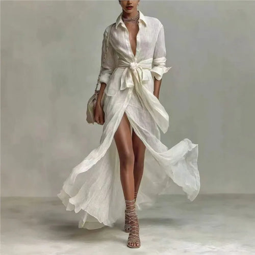 Bohemian Elegant Lace-up High Waist Long Dress Woman New Turn-down Collar Hollow Party Dress Spring Long Sleeve Maxi Dress