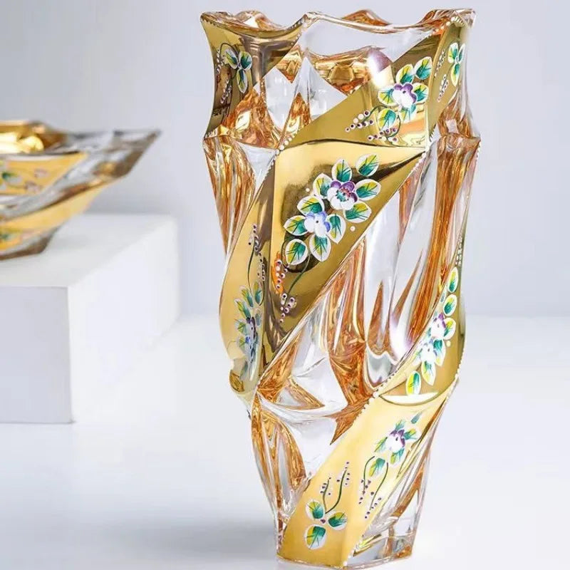 23Cm Thickened Glass Vase with Yellow Gold Floral Design - Modern European Luxury Decor