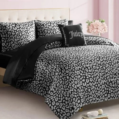 Luxury Black Leopard Satin Comforter Set – 6 or 8-Piece Bedding Ensemble for Glamorous Bedrooms