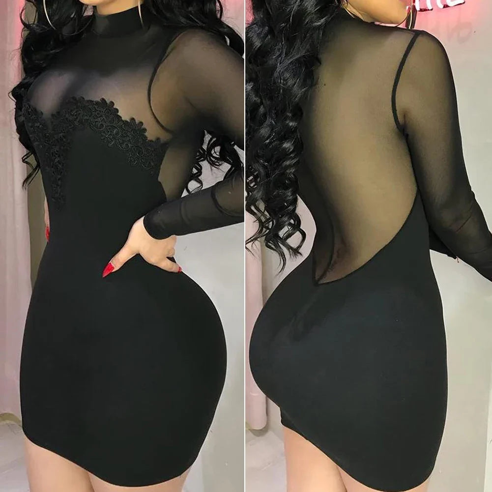 See Through Transparent Hollow Out Dress Women Mock Neck Sexy Bodycon Club Partywear Slim Stretchy Solid Color Mini Dresses