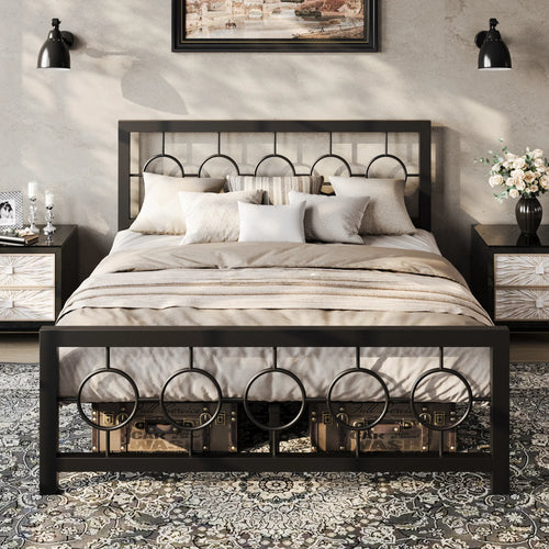 Vintage Modern Bed Frame with Heavy-Duty Iron, Under-Bed Storage, No Box Spring Needed, Black/Brown