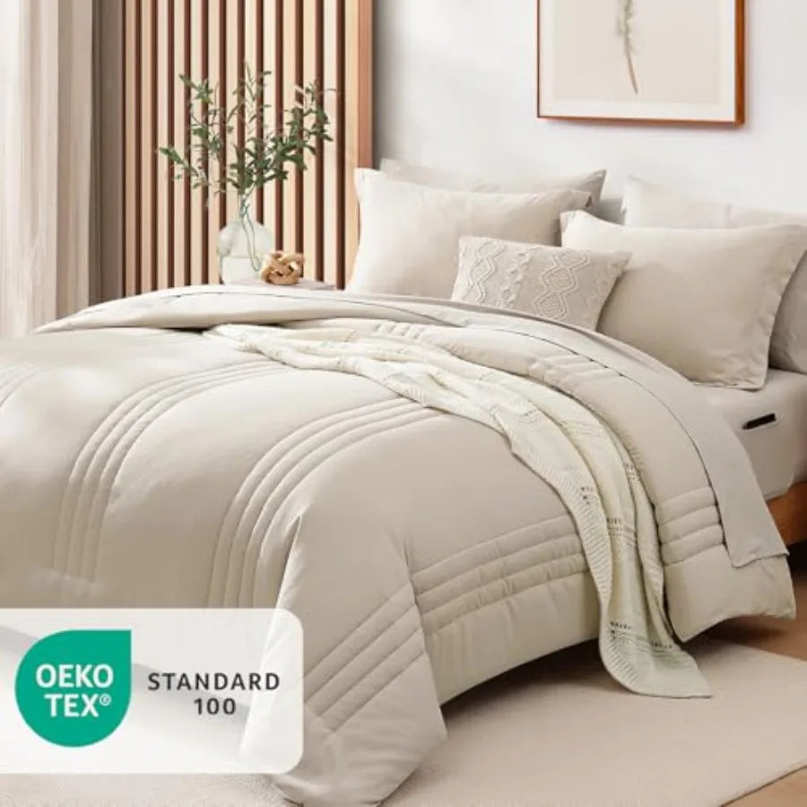 Apricot Beige Comforter Set – 7 Piece Bedding in a Bag, Soft All-Season King Comforter