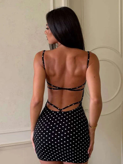 Kliou Sexy Fashion Mini Dress Woman Polka Dot Print Low-Neck Backless Skinny Peach Hip Hottie High Street Elegant Style Bodycon