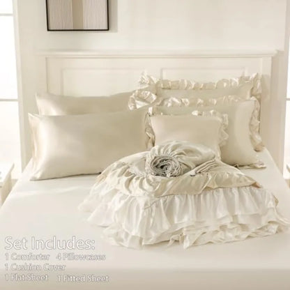 Beige Satin Ruffle Comforter Set – Luxury Silky 8-Piece Bedding