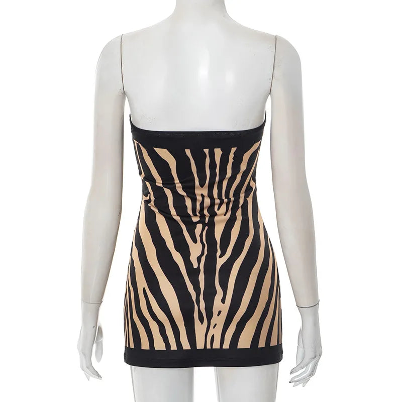 Zebra Striped Strapless Backless Women Mini A Line Dress Outfits Autumn Winter Off Shoulder Sleeveless Bodycon Dresses Vestido