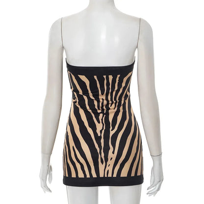 Zebra Striped Strapless Backless Women Mini A Line Dress Outfits Autumn Winter Off Shoulder Sleeveless Bodycon Dresses Vestido
