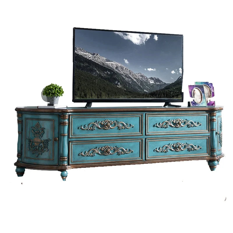 Traditional Birch Wood Media Console with 4 Drawers & Cabinets - Stylish Storage Solution