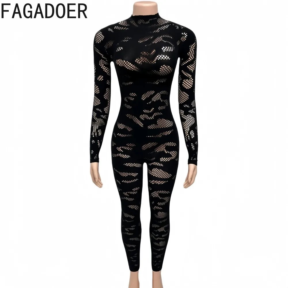 FAGADOER Sexy Lace See Through Patchwork Bodycon Jumpsuits for Woman Hollow-out Long Sleeves Rompers Female Streetwear Overalls