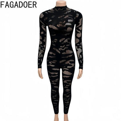 FAGADOER Sexy Lace See Through Patchwork Bodycon Jumpsuits for Woman Hollow-out Long Sleeves Rompers Female Streetwear Overalls