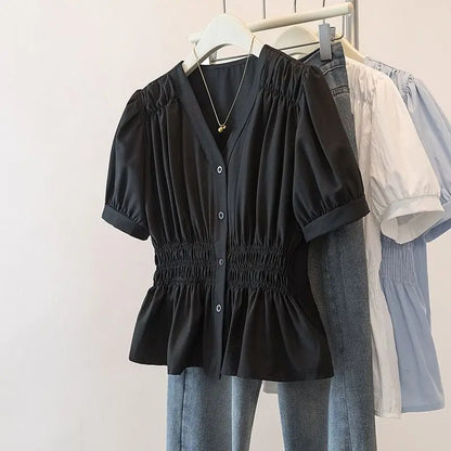 200 Pounds Plus Size Elastic Waist Office Lady Trend Shirt And Blouse Short Sleeve Solid Top  Women Clothing V-neck French Chic