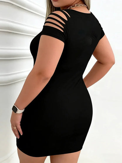 Plus Size Women Dress Short Sleeve Cutout Slit Ribbed Bodycon Mini Dress Edgy Sexy Spring Summer Party Chic Daily Stretchy Dress