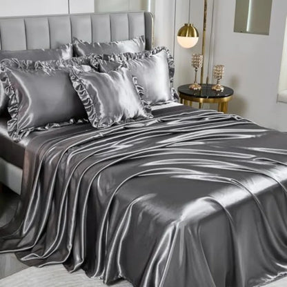 Grey Satin Queen Comforter Set – 8-Piece Ruffled Bedding