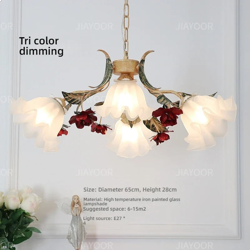 Floral Chandelier with Red Rose Accents, Golden Vines & LED Lights - 4/6/9 Heads