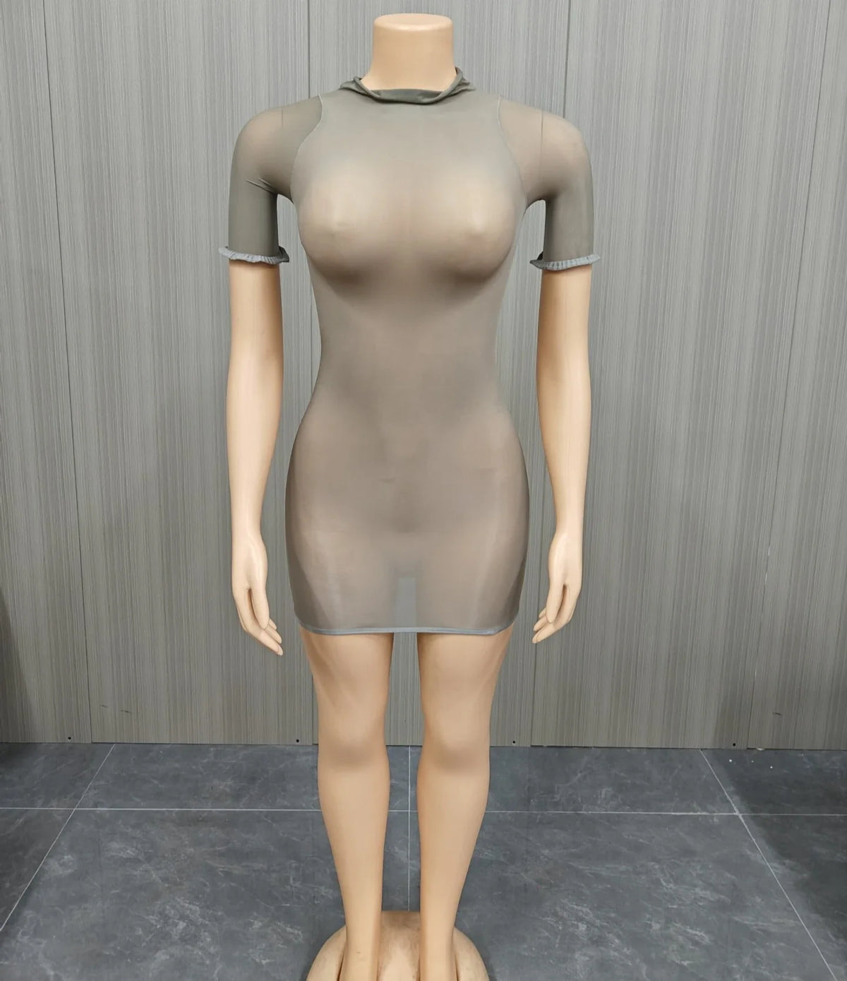 FLARORA Sexy See Through Mini Dress Woman Solid Color O-Neck Short Sleeves Skinny Peach Hip Elastic Clubwear Midnight Bodycon