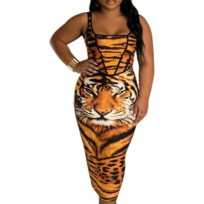 Plus Size Women's Dress Square Neck Spaghetti Strap Tiger Print Corset Bodycon Midi Dress Wild Sexy Spring Summer Party Stretchy