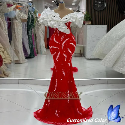 Customized Luxury Dubai Prom Dresses Off Shoulder for Women Pearls Saudi Arabia Gala Bespoke Party Gown Vestidos De Fiesta Plus