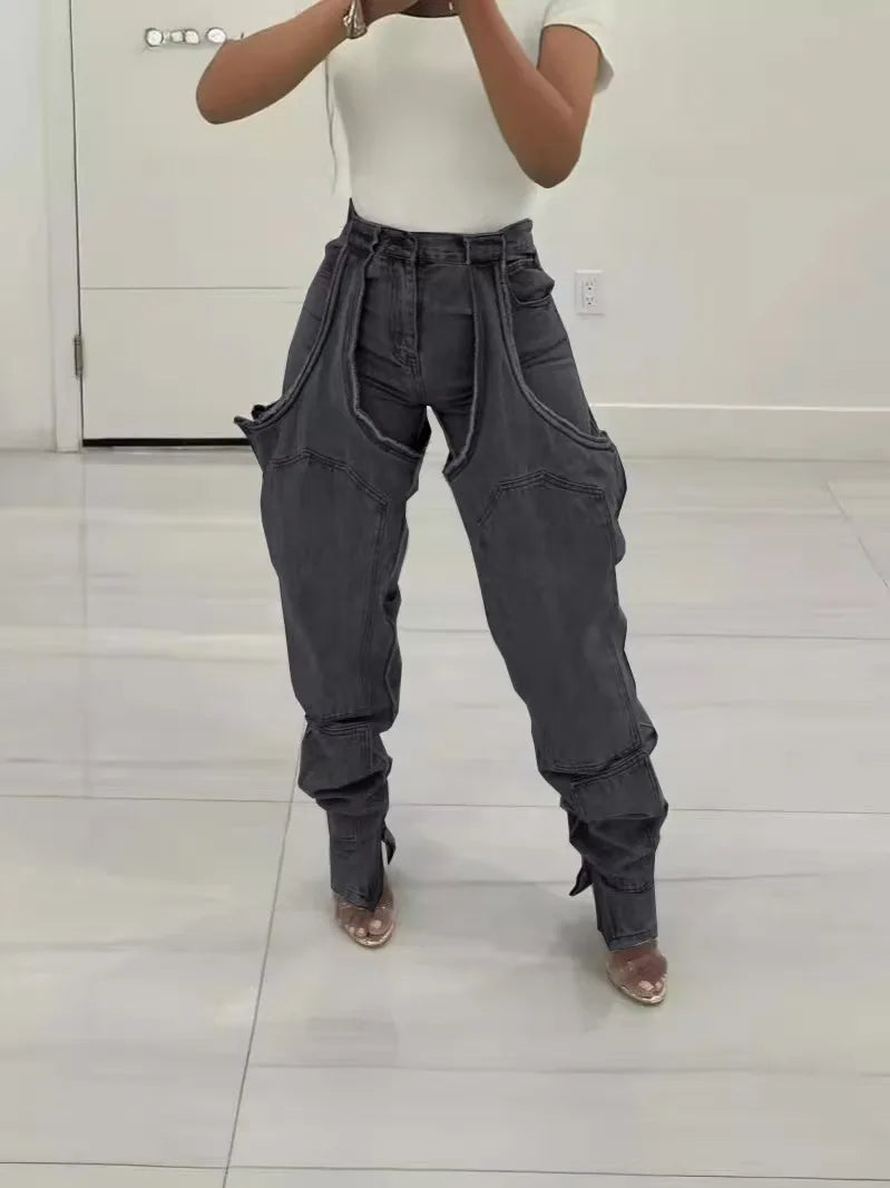 Jeans Women Straight Pants Hollow Out Zipper High Strecth Pockets Irregular Denims Vintage Distressed Streetwear 2025 Trousers