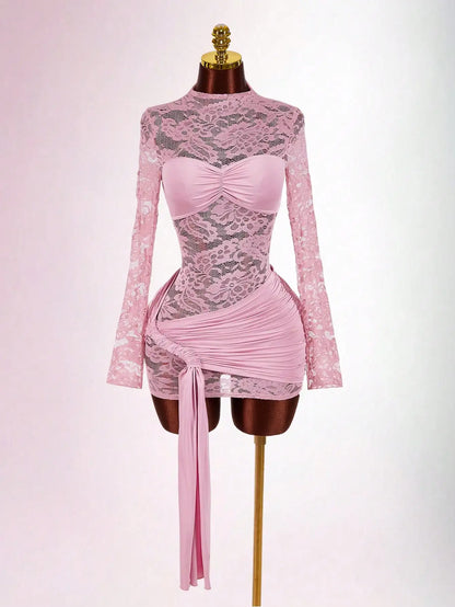 Red Lace Bodycon Mini Dress with Long Sleeves, Ruched Bust & Drawstring Hem for Party Night Club