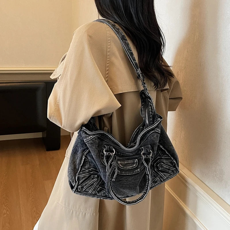 Large Capacity Women Denim Handbags Tote Bags High Quality Ladies Solid Shoulder Messenger Bags Casual Female Big Crossbody Bags