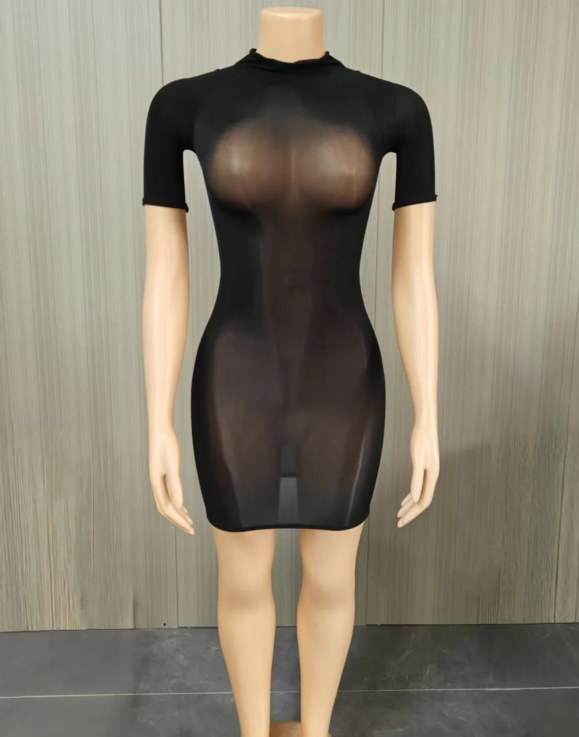 FLARORA Sexy See Through Mini Dress Woman Solid Color O-Neck Short Sleeves Skinny Peach Hip Elastic Clubwear Midnight Bodycon