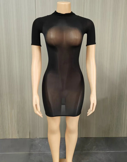 FLARORA Sexy See Through Mini Dress Woman Solid Color O-Neck Short Sleeves Skinny Peach Hip Elastic Clubwear Midnight Bodycon