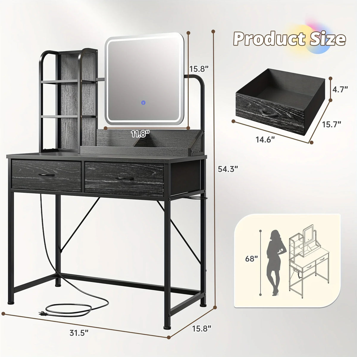 Black LED Vanity with 3-Color Lighting, 2 USB Ports, 5 Drawers & Hair Dryer Rack