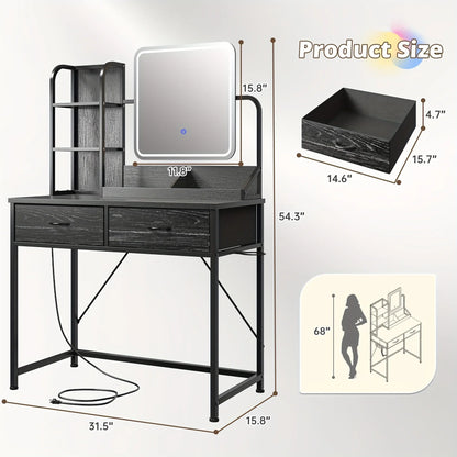 Black LED Vanity with 3-Color Lighting, 2 USB Ports, 5 Drawers & Hair Dryer Rack