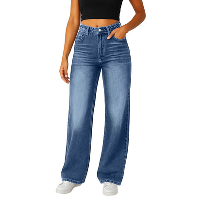 Wide-Leg Jeans Women Light Blue High-Waisted Simple Design Fashionable Trousers Loose-Fitting High-Height Pants Suitable Daily