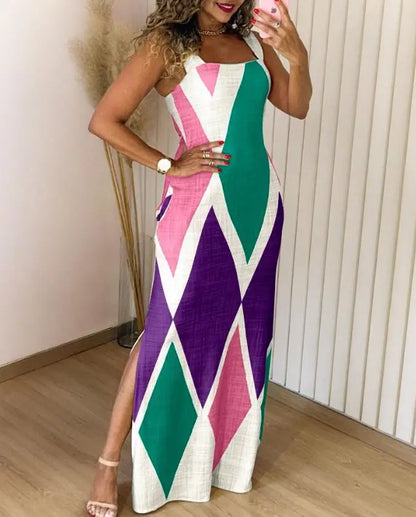 Sexy Slim Printed Dress Fashion Square Collar Suspender Side Split Long Dresses Spring Summer New Vacation Style Women Clothing