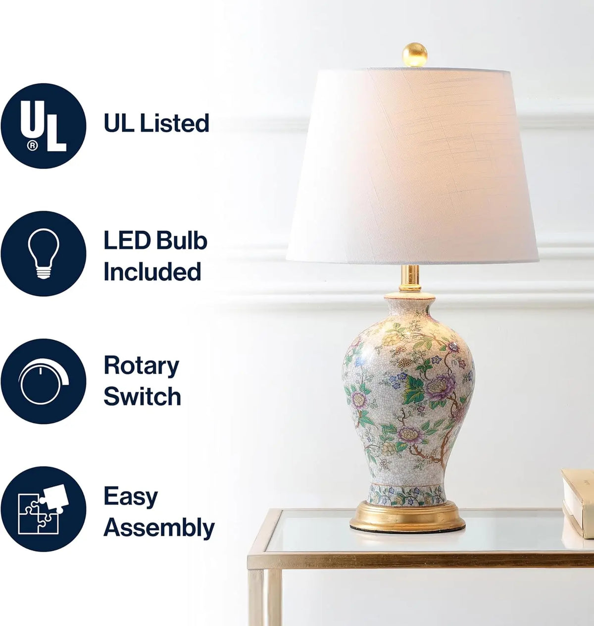 Elegant 24" Multicolor Table Lamp with Ceramic Floral Design & Gold Base - Home Decor Accent