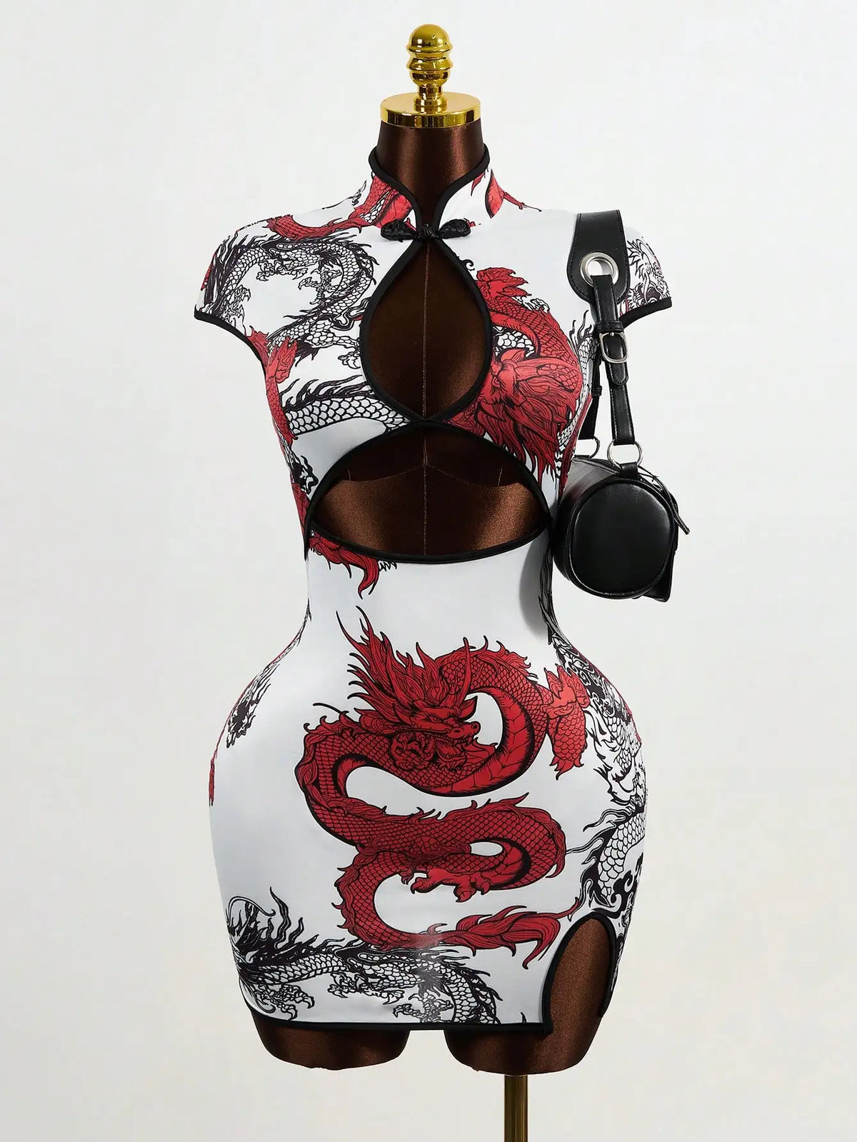Women's Chinese Dragon Print Hollow-Out Bodycon Dress with Puff Sleeve and Button Detail