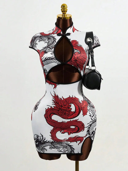 Women's Chinese Dragon Print Hollow-Out Bodycon Dress with Puff Sleeve and Button Detail