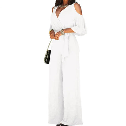 2023 Spring And Autumn Women Jumpsuit Hollowed Out Strapless Solid Color Women Jumpsuit V-neck High Waist Belt Wide-leg Pant