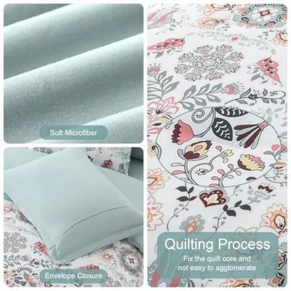 Boho Floral Comforter Set - 7 Piece Queen Bedding in Light Green Microfiber with Elegant Design
