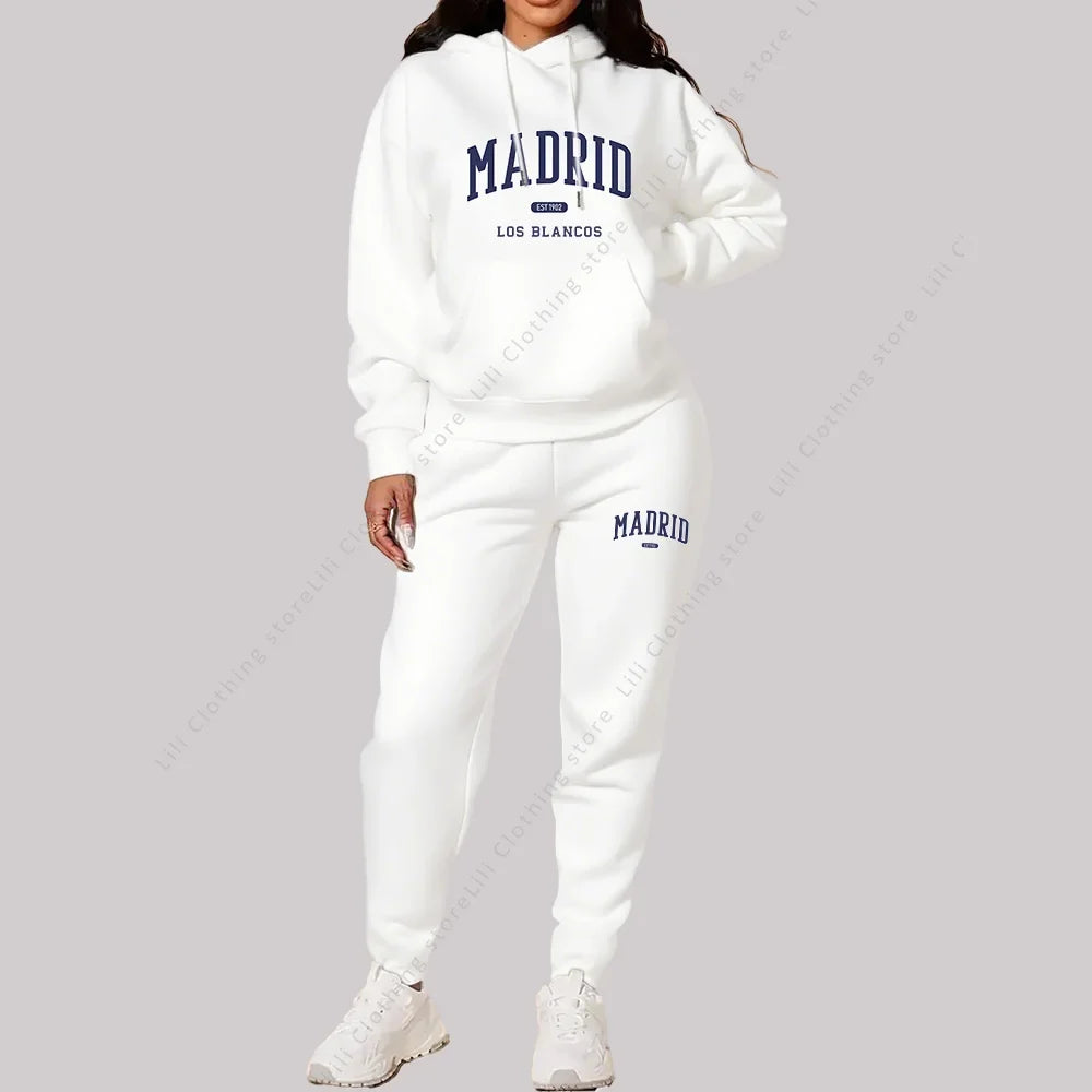 New Ladies TrackSuit Autumn Winter Hoodies Sweatshirts Sweatpants 2 Piece Outfits Madrid Print Trend Sportwear Women Pants Sets
