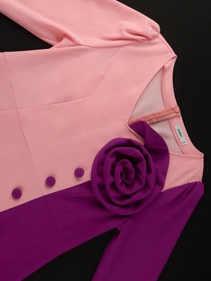 Elegant Women Colorblock Bodycon Dresses V Neck Long Sleeves 3D Flowers Buttons Slit Party Church Office Ladies Work Waer New