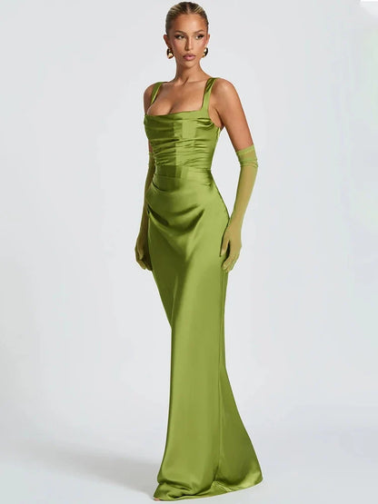 Mozision Satin Backless Sexy Maxi Dress Women Elegant Halter Off-shoulder Sleeveless Lace-up Bodycon Club Party Long Dresses
