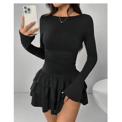 Temperament Dresses 2025 Woman Mini vestidos Simple Style Elegant French Bodycon Slim Pleated Fashion Long Sleeve Commuting Sexy