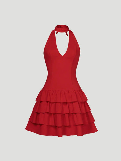 Women Halter Mini Dress V Neck Tiered Ruffle Bodycon Dress Glamorous Spring Summer Party Night Out Cocktail Date Night Dress