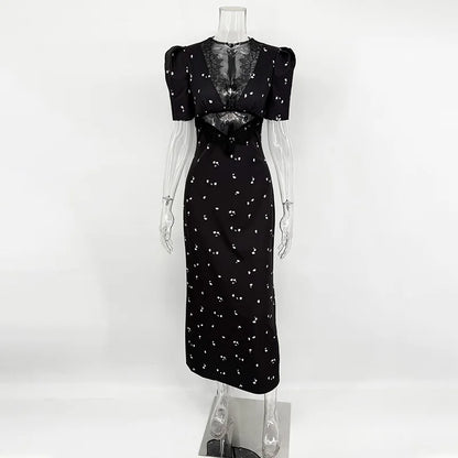 TARUXY Sexy Hollow Lace Dress Women's Fashion Short Sleeve Elegant High Waist Slim Print Dress Summer Party Club Clothes Female