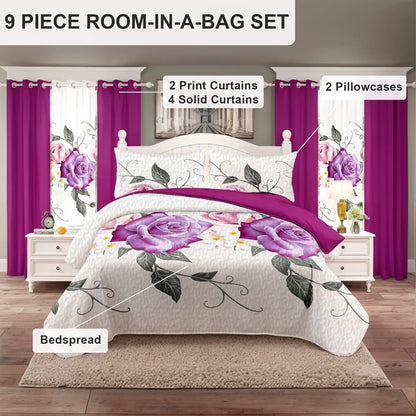 Queen 9-Piece Purple Rose Bedding and Curtain Set with Quilted Bedspread, Shams & Sheer Panels for a Complete Bedroom Refresh