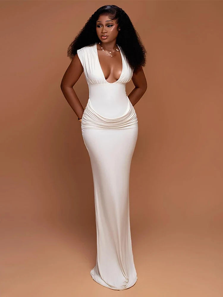 Sexy Ruched Bodycon Maxi Dress Women Solid Sleeveless V-Neck Slim Long Dresses Female Party Evening Clubwaer Evening 2026