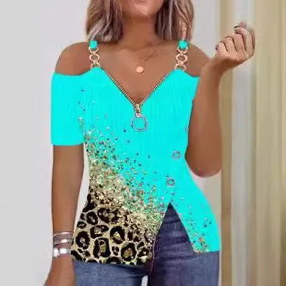 Blusas Para Mujer Print Zip Detail Split Hem Shoulder Top Women Short Sleeve Spring Summer T Shirt Tops Blouse Women Clothing