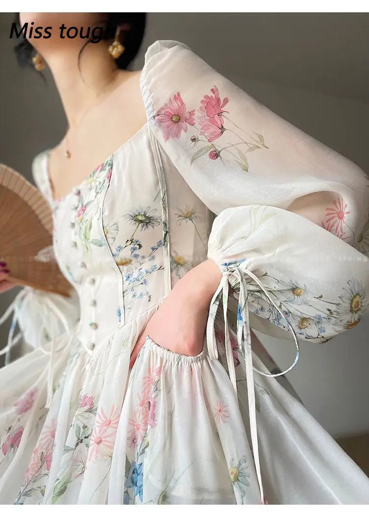 Summer Floral Print Dress Women Sexy French Style Vintage Party Midi Dresses Casual Korean Fashion Elegant Retro Dress 2024 New