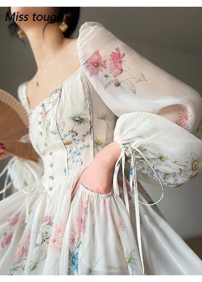 Summer Floral Print Dress Women Sexy French Style Vintage Party Midi Dresses Casual Korean Fashion Elegant Retro Dress 2024 New