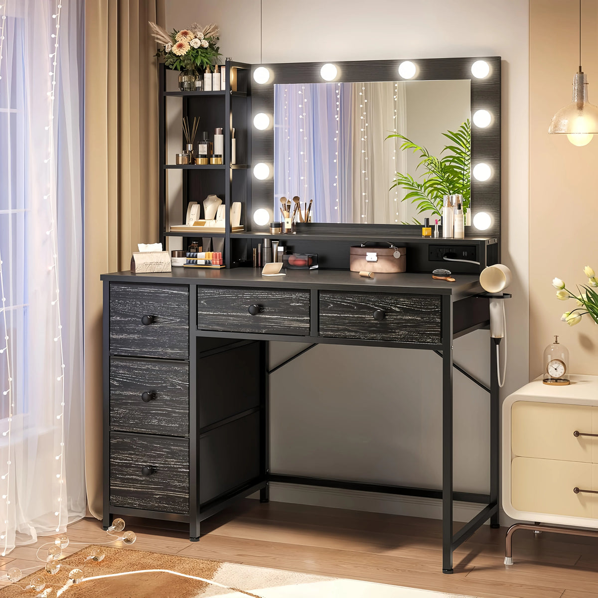Black LED Vanity with 3-Color Lighting, 2 USB Ports, 5 Drawers & Hair Dryer Rack