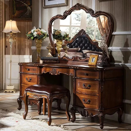 Dark Cherry Vanity Set - Luxurious Modern Hollywood Style with Mirror & Cushioned Stool