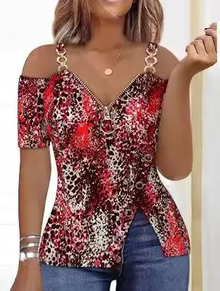 Blusas Para Mujer Print Zip Detail Split Hem Shoulder Top Women Short Sleeve Spring Summer T Shirt Tops Blouse Women Clothing