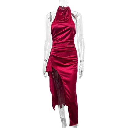 2026 New Arrival Women Round Neck Sexy Ruched Backless Bodycon Maxi Dress Split Long Dress