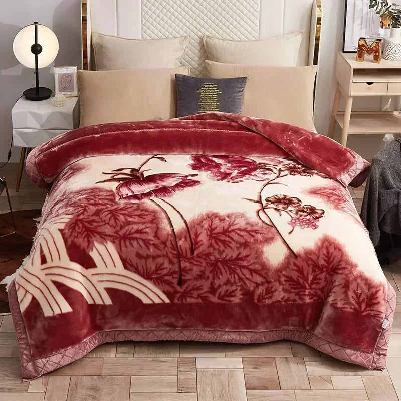 Korean Raschel 2-Ply Heavy Fleece Blanket, 78x90 Queen Size Reversible Geometric Plush Blanket
